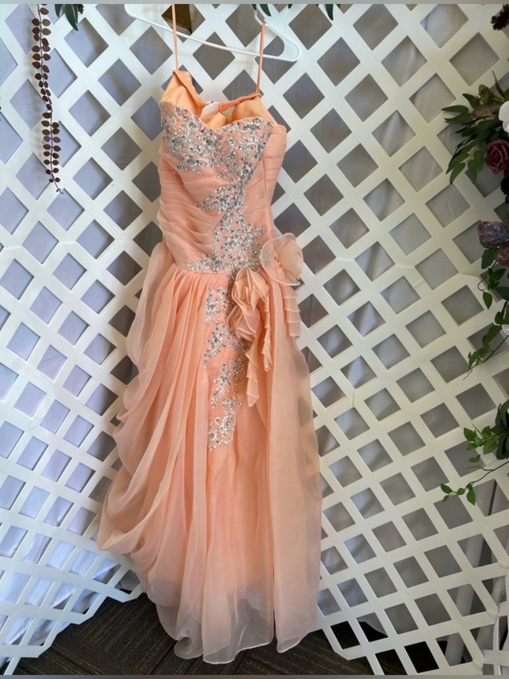 Vintage Peach Sequin Beaded Prom Dress Corset Lace Up Formal Gown Small